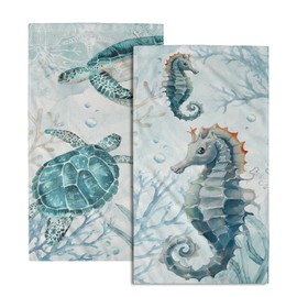Watercolor Ocean Hand Towels Set of 2, Blue Sea Turtle Seahorse Animal Nautical Themed Bathroom Towel Soft Dish Cloth for Kitchen,Decorative Absorbent Beach Tea Towels