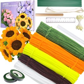 400Pcs Pipe Cleaners Craft for Flowers – Pipe Cleaners Bulk with 5 Assorted Colors Chenille Stems for DIY Flower Making Kit, Includes Floral Wires, Tape, Stamen and Ribbon(Sunflowers、Pumpkin)
