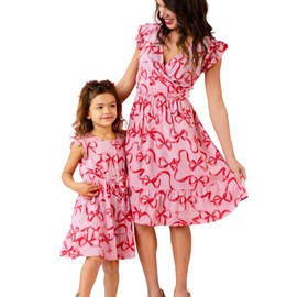 PATPAT Matching Mommy and Me Pink Dresses Sleeveless Ruffle Sleeve Design with Bow Ribbon Pattern Baby Girl 6-9 Months