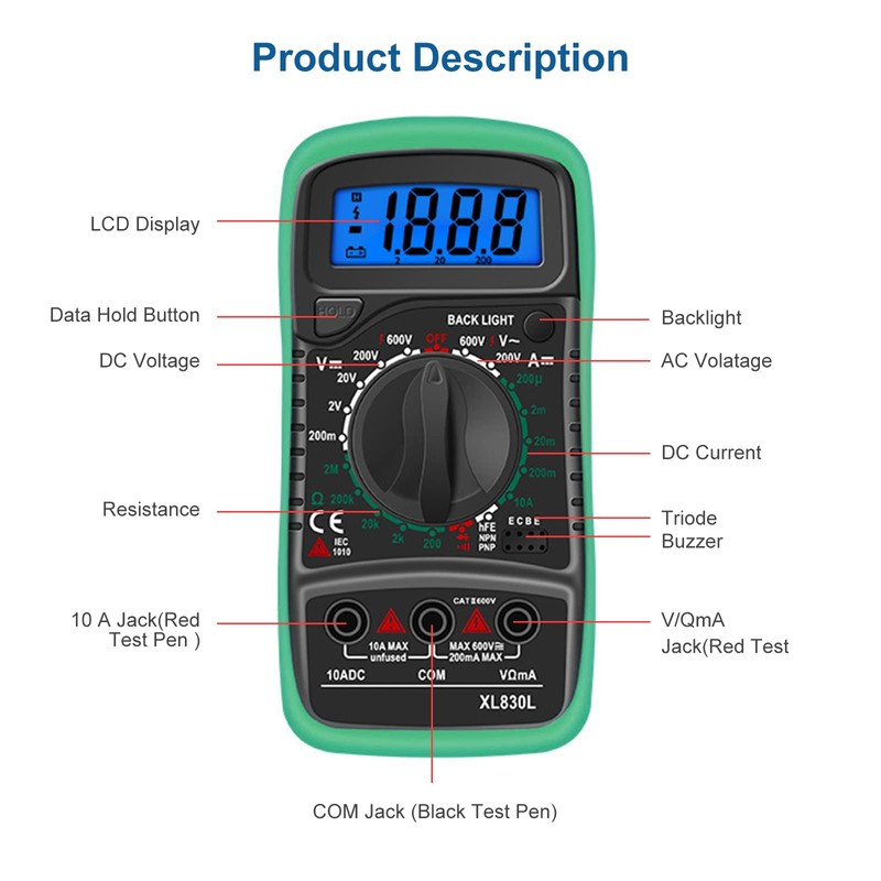 DIFCUL Multimeter, XL830L Voltmeter Ammeter Ohmmeter Handheld LCD Digital Current