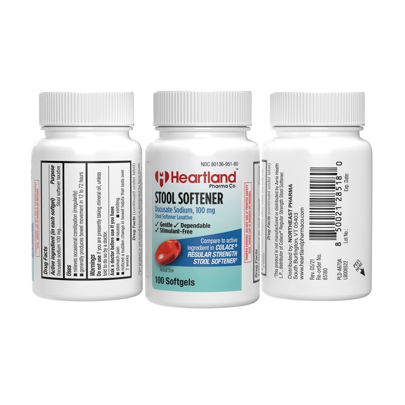 Heartland Pharma Docusate Sodium 100mg Softgels | Laxatives Stool Softener,