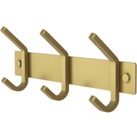 SAYONEYES Brushed Gold Small Coat Rack Wall Mount – 9 Inch Stainless Steel Rail with 3 Double Coat Hooks for Entryway, Bathroom, Bedroom, Kitchen – Modern Gold Hook Rack for Coats, Hats, Towels