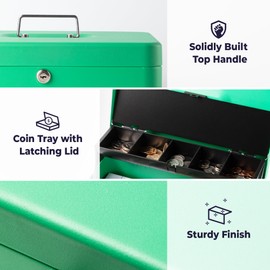 Volcora Large Cash Box with Key Lock, Metal Money Box for Cash, Portable Locking Safe Box with Money Tray, Durable Money Saving Organizer for Yard Sale, Garage Sale, Small Business, Green