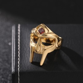 Yumikoo DOOM Mask Ring for Men Gladiator Style Ruby Golden Titanium Stainless Steel Ring, Metal, No Gemstone