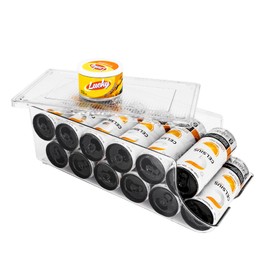 SCAVATA Skinny Can Organizer for Refrigerator, Stackable Tall Skinny Soda Pop Can Holder Dispenser with Lid for Fridge Pantry Rack Freezer, Clear Plastic Storage Bins-Holds 12 Slim Cans (See-through)