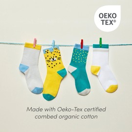 Ten Little Kids Organic Cotton Crew Socks, 4-Pack for Toddler Boys & Girls, Colorful with Non-Skid Grips, Size Small, Cheetah