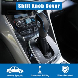 AICARS Leather Gear Shift Knob Cover Compatible with Ford Focus丨 Escape丨 Fusion丨 C-Max Energi Wagon丨 Transit 丨 Fiesta 2012-2019 Black Leather with Blue Stitches Shifter Knob Cover- Black