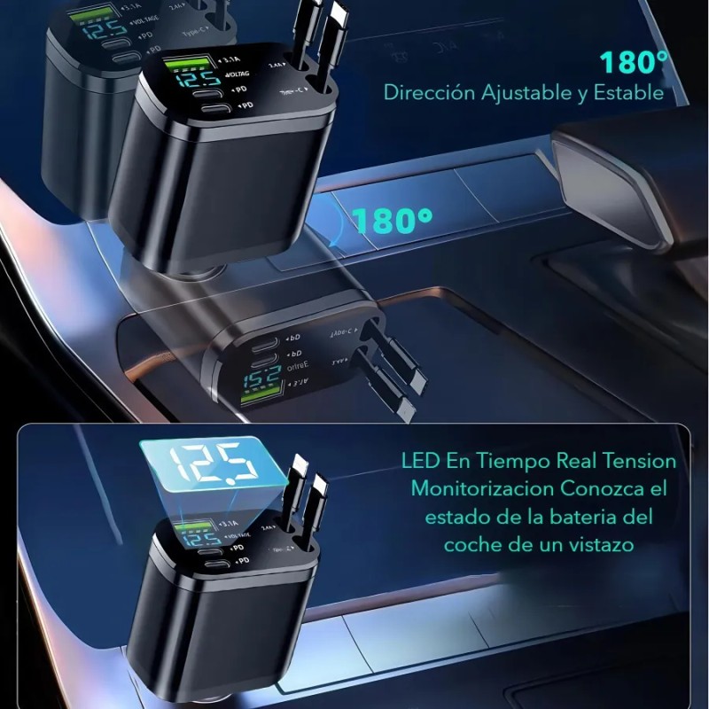 5en1 Cargador Para Auto Retráctil 120w Carga Rápida De Coche