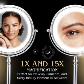 Super Zoom 15X Magnifying Makeup Mirror with Lights - 15X & 1X Make Up Vanity Mirror with 3 Lighting Modes, Rechargeable Battery with USB Cable - 8" Wide & 15" Tall (Chrome)