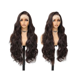 HD Lace Front Wig Human Hair Blend Highlights  Straight Long 28 Inch Black