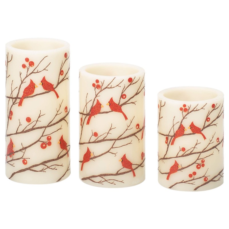 Flameless 3PC Glitter Berries And Cardinals Wax Pillars With Timer