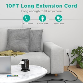 AiJoy Power Strip Tower with USB Ports-AiJoy Surge Protector with 12 AC Outlet and 4 USB Ports, 10 Ft Extension Cord with Multiple Outlets, Charging Station with Overload Protection, for Home Office Dorm