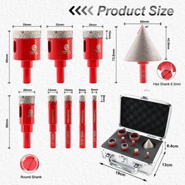 Diamond Core Drill Bits Set - FOCSTOL 9pcs (6/8/10/12/20/25/32/35mm+50mm Beveling Chamfer Bit) Diamond Hole Saw Kit with Round Shank for Porcelain Ceramic Tile Marble Granite