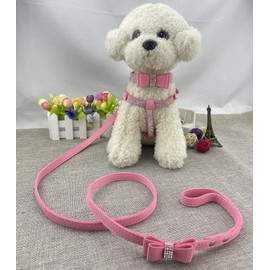 Newtensina Bowtie Dog Collar & Harness & Lead Sets Comfortable Soft Puppy Collar Diamante with Harness and Leashes Set for Dog - Pink - S
