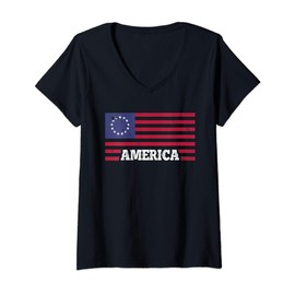 Womens Betsy Ross American Flag America Patriotic V-Neck T-Shirt
