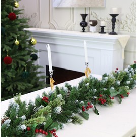 HipTree 6ft Christmas Garland with Lights,Lighted Artificial Flowering Pine Garland for Mantle,Prelit Faux Green Christmas Winter Garland with Pine Cones and Red Berry for Indoor Outdoor Decor