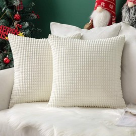 MIULEE Set of 2 Christmas Cushion Covers Decorative Corduroy 16x16 Inches, 40cm x 40cm Striped Solid Square Throw Pillow Cases for Sofa Couch Home Bedroom Cream