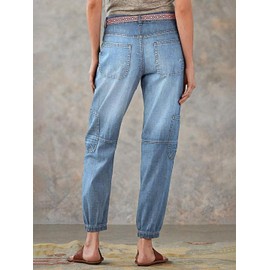Flamingals Straight Leg Button Fly Jeans for Women Multi Pocket Mid Rise Jeans Without Belt Denim Pants Light Blue L