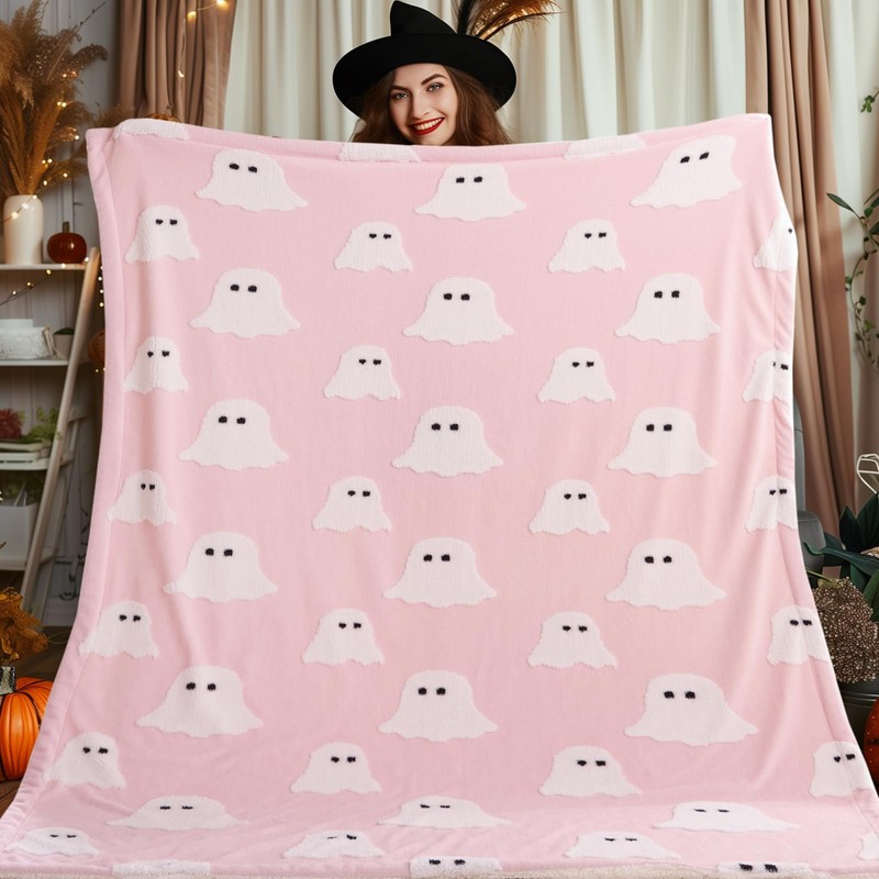 Smoofy Throw Blanket Halloween Blanket with White Ghost Pink Throw