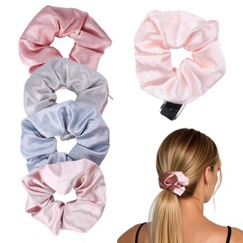 5 Pack Large Pink&Blue Hair Scrunchies with Zipper Pocket, Scrunchies for Women with Secret Storage, Hidden Safe for Keys, Cash, Cards, Valuables