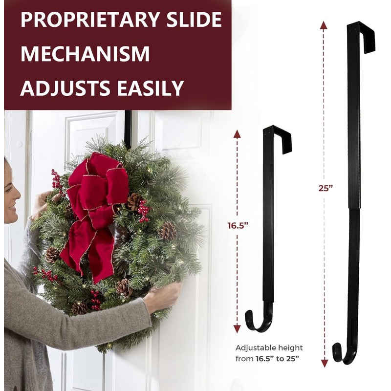 HL Home Adjustable Metal Wreath Hanger Over Front Doors, Black