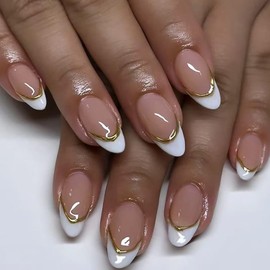 24Pcs White French Tip Press on Nails Medium Almond Fake Nails with 3d Gold Line Designs Full Cover Nude False Nails French Acrylic Nails Glossy Glue on Nails for Women Girls Manicure Nail Decoration