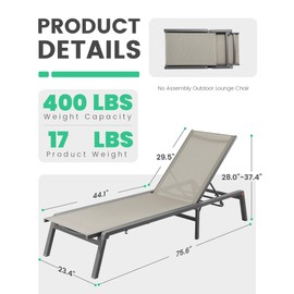 JEAREY Aluminum Chaise Lounge Chair Outdoor, Foldable & Assemble Free Patio Lounge Chair with Adjustable 5-Position Recliner Back Tanning Chair for Lawn, Pool, Beach, Khaki