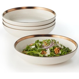 Maison Neuve Luna Collection Stoneware Bowls - Dish Set of 4 Ceramic Bowls for Kitchen - 36oz Modern Handmade Stone Bowl - Microwave & Dishwasher Safe Bowls for Dinner and Meals - Cream/Bronze