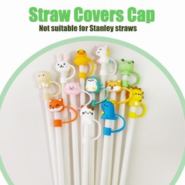 12Pcs Cute Silicone Straw Covers Cap,RENUIS Straw Toppers for Tumblers,Reusable Portable Drinking Straw Tips Lids,Dust-Proof Straw Plugs Soft Cap Protector Cover for 6-7mm Small Straws(Animals Theme)