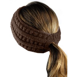 C.C Cable Knit Fuzzy Lined Ear Warmer Ponytail Pony Headband, Brown