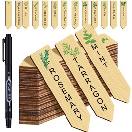 Teling 50 Pcs Wooden Plant Labels with Marker Pen DIY Garden Stakes Sign Sturdy Vegetable Plant Markers Wood Herb Garden Labels for Seed Potted Flowers Outdoor Indoor Kitchen Planter(Classic Style)