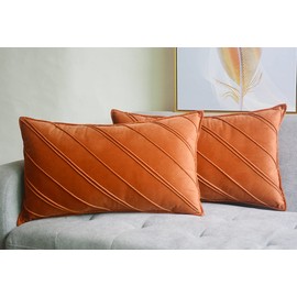 Lutanky Pack of 2 Velvet Cushion Covers Orange Rectangle Throw Pillow Cases Striped Soft Pillowcases for Sofa Bedroom Home Decor Accessories 12x20 Inch 30 x 50 cm