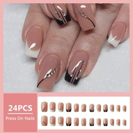Ceboic Pack of 24 False Nails Square Short Glitz French Nude Artificial Nails Press On Nails with Rhinestone Designs, Artificial Nails for Sticking Reusable for Women and Girls