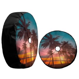 KiuLoam Coconut Palm Trees Beach Sunset Spare Tire Cover with Backup Camera Hole Universal Sunscreen Waterproof Wheel Covers for Trailer RV SUV Truck and Many Vehicles (17" for Diameter 31"-33")