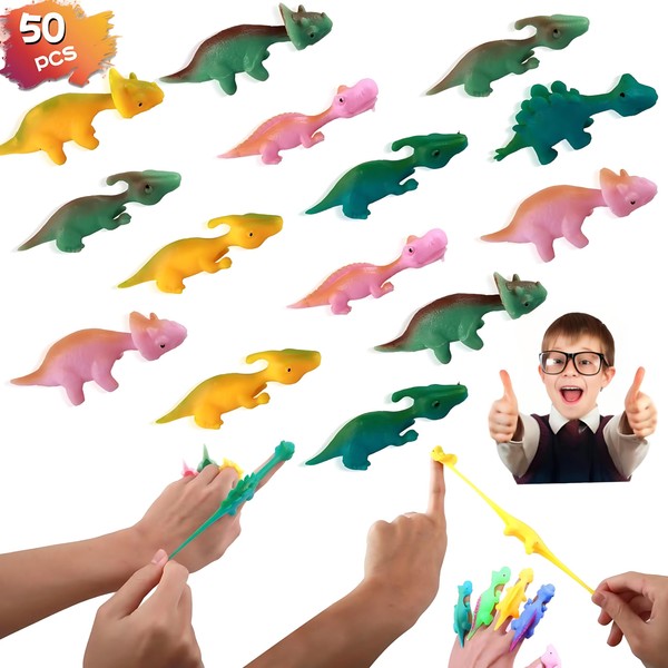 WDJLNZB Pack of 50 Slingshot Dinosaur Finger Toy, Elastic Flying Finger Dinosaur Slingshot, Slingshot Dinosaur Finger Toys, Soft Catapult Toy, Random Colour (50)