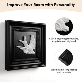 FOLKOR LIFE Bird Plaster Wall Art, 25x25 cm, Home Decor Black Frame with Easel Back & Hook, Classical Greek Sculpture-Inspired Bathroom Decor, Elegant Housewarming Gift Black & White Wall Hanging or Table Display