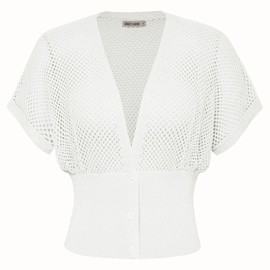 White Short Sleeve Cardigan for Women Lightweight Crochet Knit Cropped Cardigan Open Front V Neck Hollow Out Cardigan White M