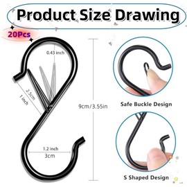 20Pcs S Hooks with Safety Buckle, Heavy Duty with Safety Buckle Shaped Kitchen Pot Rack Closet Hanging Plants, Clothes, Utensil, Pots and Pans, Bags (3.5inch，Black)