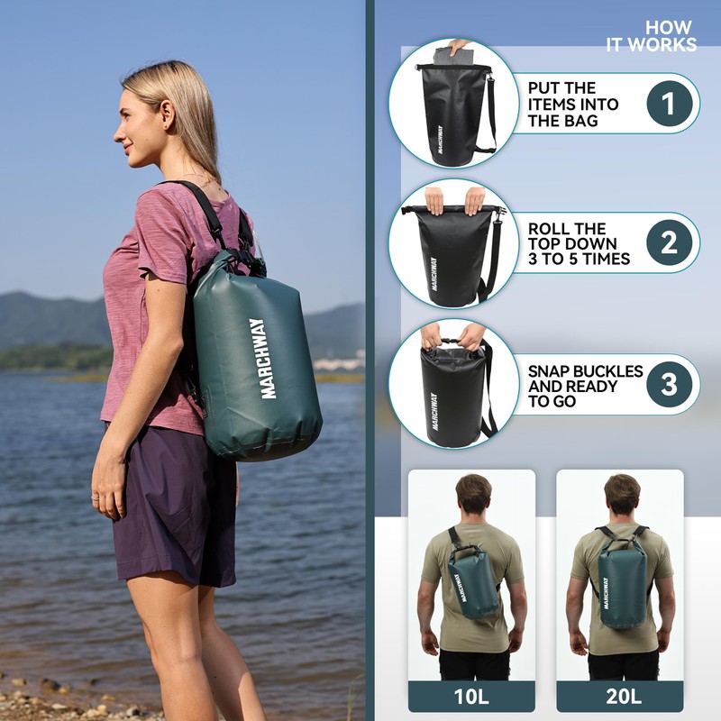 MARCHWAY Floating Waterproof Dry Bag Backpack 5L/10L/20L/30L/40L, Roll Top Sack