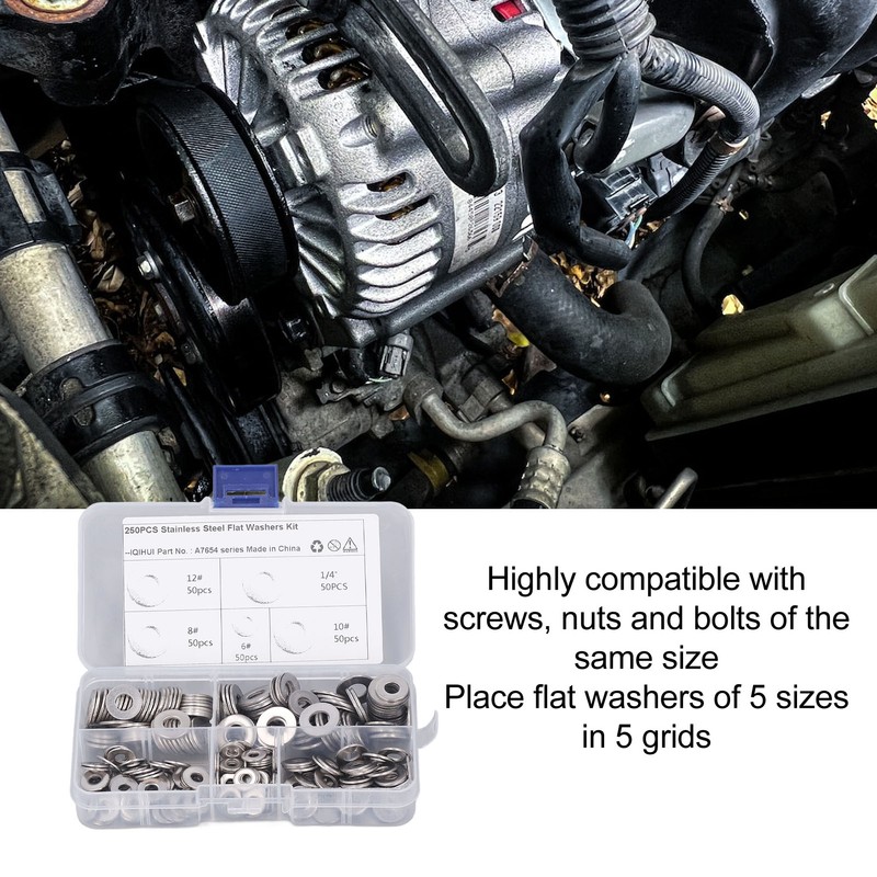 250PCS Flat Washer Kit Stainless Steel 5 Specifications Anti Corrosion