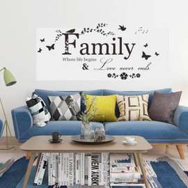 Gripebao Family Where Life Begins and Love Never Ends Wall Decal, Removable Family Wall Art Stickers, Vinyl Motivational Positive Inspirational Quotes Decor Wall Art Decals for Living Room Bedroom