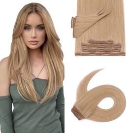 Silk-co Clip in Hair Extensions Real Human Hair Remy Double Weft With Lace Coverd Clip in Silky Straight Natural Thick Hair Seamless 7pcs 16Clips 85g Extension for Women 10Inch #27 Dark Blonde