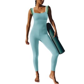 ReachMe Womens One Piece Workout Jumpsuits Athletic Summer Outfits Yoga Leggings Romper Bodycon Gym Bodysuits(Sage Blue,L)