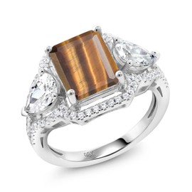 Gem Stone King 925 Sterling Silver Brown Tiger Eye Ring For Women (3.79 Cttw, Emerald Cut 10X8MM, Gemstone, Available In Size 5, 6, 7, 8, 9)