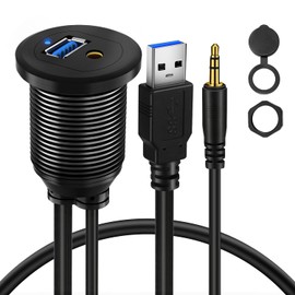 BATIGE Alloy USB 3.0 AUX DC3.5mm Port Car Mount Flush Cable for Car Boat Motorcycle Dash Panel with LED Indicator - 3ft