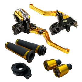LisylineAuto 7/8 22mm Motorcycle Brake Lever Handlebar Lever Master Cylinder Clutch Levers Left & Right Set + Hand Grips + Handlebar Ends Set Fit for Harley Honda Kawasaki Suzuki Yamaha(Gold)