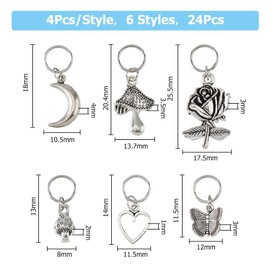 Hobbspring 24Pcs 6 Styles Boot Shoe Charms Alloy Shoe Pendant Flower Heart Mushroom Moon Butterfly Boot Pendants Tibetan Style Charms with Jump Rings for Shoes Keychain Decoration
