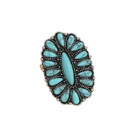 QRH Bohemian Turquoise Oval Flower Rings Vintage Geometric Ethnic Natural Stone Adjustable Silver Joint Knuckle Rings Western Cowgirl Statement Jewelry-blue