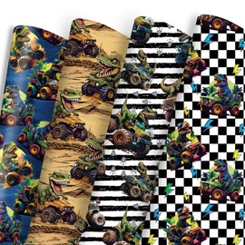 Dtiafu Dinosaur Wrapping Paper Monster Truck Gift Wrap Paper Bulk Folded Flat for Birthday Boys Kids - Dinosaur Designs Gift Wrapping - 20inch x 28inch Per Sheet(8 Sheets