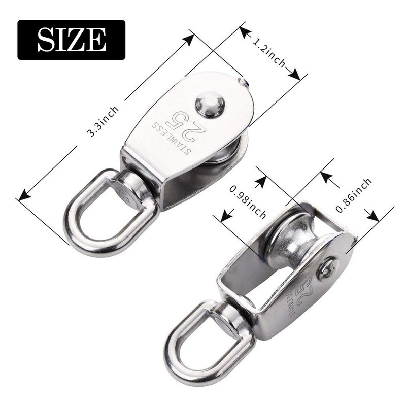 2 Pack M25 Single Pulley Block, 304 Stainless Steel Pulley